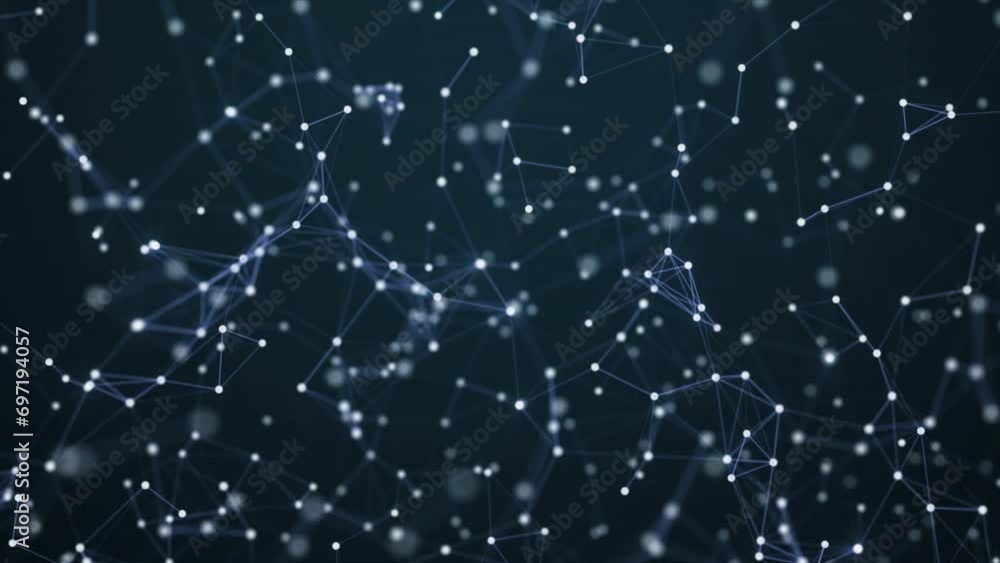 Poster dots and lines in the center blur in slow motion with a dark blue background, cybersecurity, and net