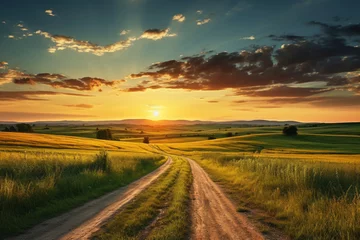 Fotobehang Beautiful summer mountain rural landscape  Panorama of summer green field with dirt road and Sunset cloudy sky. © Tjeerd