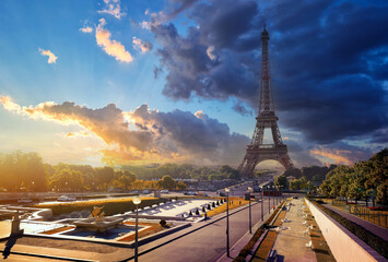 Paris Eiffel Tower and river Seine at sunset in Paris, France. Eiffel Tower is one of the most...