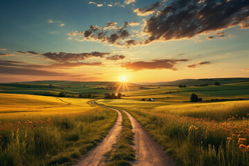 Beautiful summer mountain rural landscape; Panorama of summer green field with dirt road and Sunset...