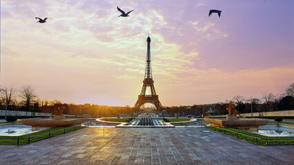 Paris Eiffel Tower and river Seine at sunset in Paris, France. Eiffel Tower is one of the most...