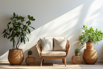 Cozy armchair with pillow, plants in vase on floor on gray wall background in living room. Boho style, modern design and blog about interior and furniture
