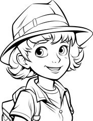 Coloring page for kids little girl silhouette in black color. Vector template design.