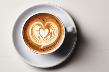 hot coffee cup latte with heart shaped latte art milk foam on white saucer. - obrazy, fototapety, plakaty