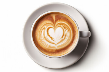 hot coffee cup latte with heart shaped latte art milk foam on white saucer. - obrazy, fototapety, plakaty