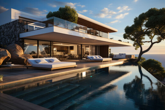 Sunny, tranquil modern luxury home showcase exterior with infinity pool and ocean view under blue sky