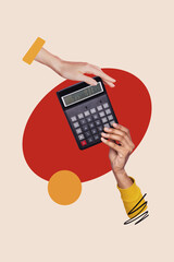Vertical collage picture of two people arms hold give calculator isolated on painted creative beige background