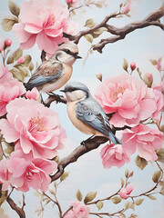 A painting of two birds on a branch with pink flowers.