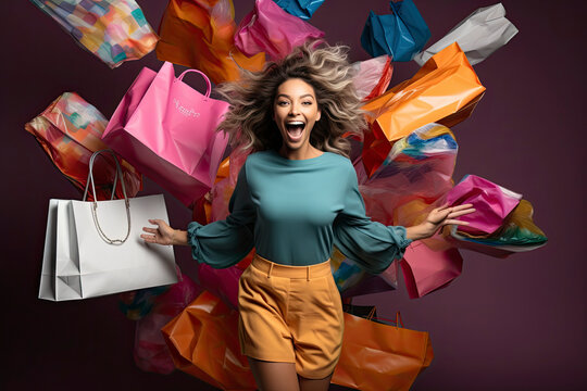 young woman wearing colorful cloth in modern style holding colorful shopping bags jumping with big smile and funny