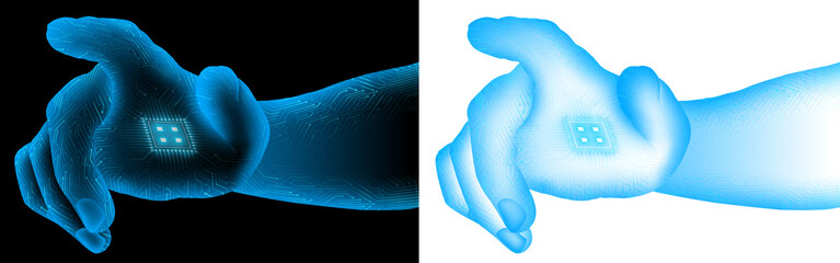 one hand blue glow touch or press click button futuristic hologram concept with circuit line and microchip texture. transparent background - obrazy, fototapety, plakaty