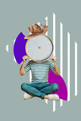 Vertical collage creative poster illustration caricature headless man clock sit hold snail...