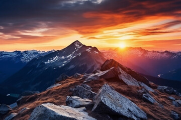 Fototapeta na wymiar Inspirational Sunset in the Majestic Mountains - Motivational Concept, Generative ai