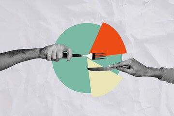 Collage picture of black white colors arms hold fork knife eat cut diagram stats charts isolated on...