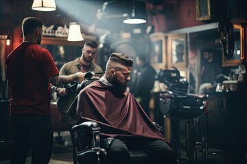 man getting a new trendy haircut or hairstyle with a professional male barber. - obrazy, fototapety, plakaty