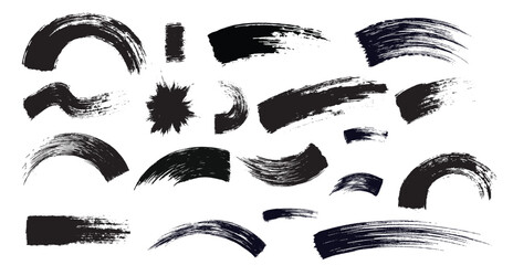 Realistic Rough Black Marker Brush Ink Line Stroke Set Isolated Collection. Grunge Paper Texture. Brush strokes. Isolated Marker Lines on a white Background. Hand drawn vector ink brush strokes, 
