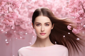Elegant beauty. Tender portrait of a beautiful girl isolated on the soft pink flowers background