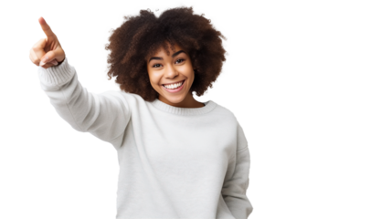Joyful Discovery: Young Woman's Delightful Point with a transparent background