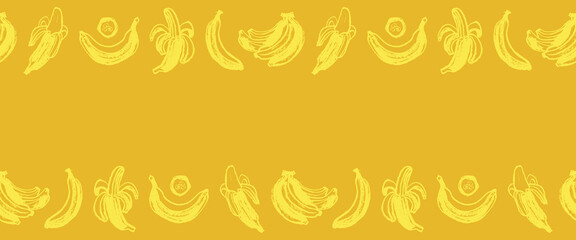 Banana fruit seamless pattern with hand drawn bananas on yellow background. Vector illustration. Banana chocolate label template design.