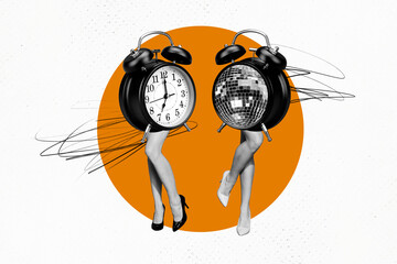 Horizontal photo collage artwork minimal picture of disco ball alarm clock walking lady legs wearing heels isolated creative background