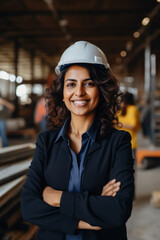 young woman working at construction site - obrazy, fototapety, plakaty