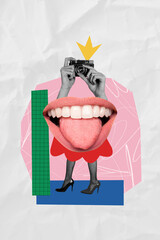 Collage surreal picture sketch of female silhouette carefree weird girl showing tongue shooting...