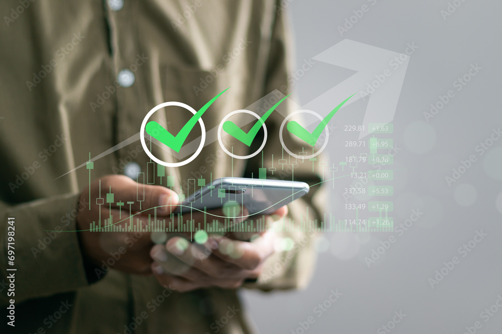 Poster project approval concept. businessman use smartphone to analyzing business growth chart on virtual s