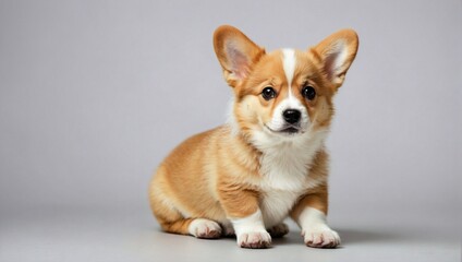 Adorable Pembroke Welsh Corgi puppy sitting with a soft neutral background in a clean and minimalist photography studio setting.