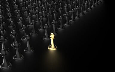 Fototapeta premium Outstanding, Leader of many pawns over black background plus a golden one. Concept of talent sourcing and spotted candidate