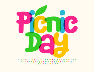 Vector recreational flyer Picnic Day. Funny Colorful Font. Bright Playful Alphabet Letters and Numbers.