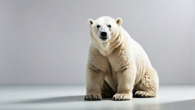 Powerful polar bear seated in a bright minimalist photography studio setting, with a calm and composed demeanor against a neutral background.