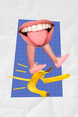 Artwork collage image of funky person walking slipped up banana peel falling down isolated on...