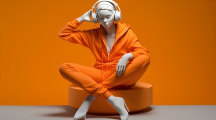 A sculpture of a fashionable woman wearing headphones in a minimalistic design. The concept of...