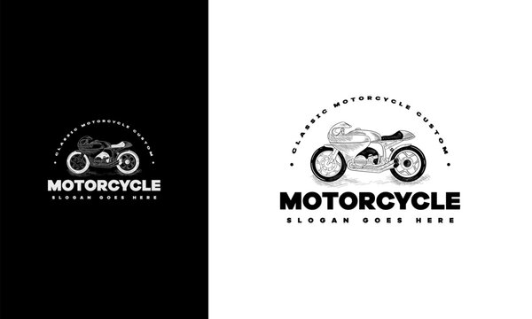 Vector vintage motorcycles logo. Biker store icon. Vintage illustration of hand drawn classic caferacer in ink style for custom garage poster or banner.