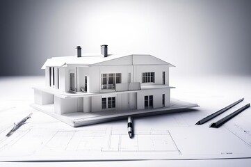 House model, blueprint, pencil, ruler on white background for architectural design and construction