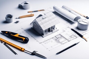 House model, blueprint, pencil, ruler on white background for architectural design and construction