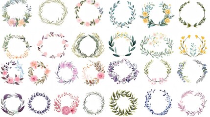 A set of frames. A wreath of delicate pink and white flowers on a light background.