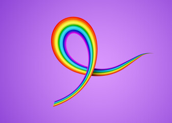Obraz premium 3d Flag Of Rainbow Shiny Wavy Awareness Ribbon flag On Dark Pastel Purple Background 3d Illustration