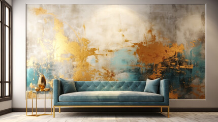 Abstract art canvas with a blend of gold leaf and blue textures creating a luxurious vintage effect