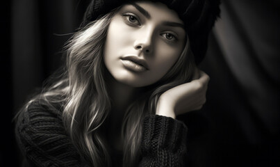 Monochrome portrait of a young woman with beret and sweater, looking thoughtful and serene