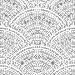 Vector wavy seamless pattern from grey ethnic ornaments on a white background. Peacock tail shaped decorative elements - obrazy, fototapety, plakaty