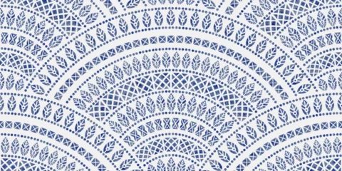 Poster Vector wavy seamless pattern from blue watercolor ethnic ornaments on a light grey background. Peacock tail shaped decorative elements © L. Kramer