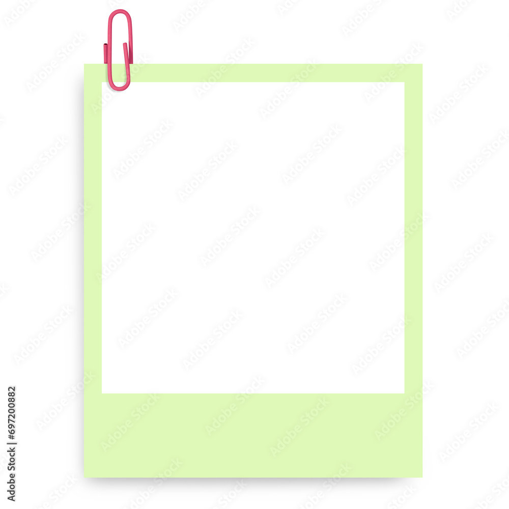 Wall mural Colored Polaroid photo frame with a colored paper clip on a blank background.