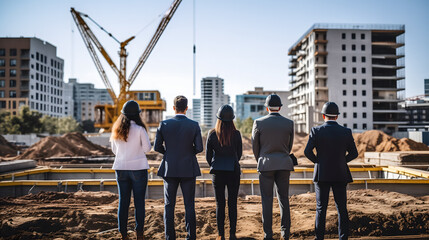 Des promoteurs immobiliers en tenue de travail et casques de sécurité qui observent un chantier de construction en milieu urbain.
