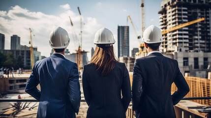 Trois professionnels en costume et casques de sécurité regardant un chantier de construction.