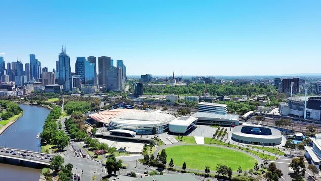 Melbourne, Australia: Aerial view of skyscraper skyline of Melbourne central business district (CBD) in capital city of Australian state of Victoria, sunny day with clear blue sky