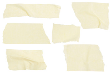 Set of pieces of yellow paper tape on a blank background.
