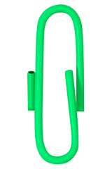 Green paper clip on a blank background.