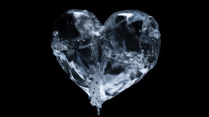 Ice cube in the shape of a heart. Frozen water crystals on a black background. Icy love.