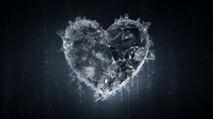 Ice cube in the shape of a heart. Frozen water crystals on a black background. Icy love.