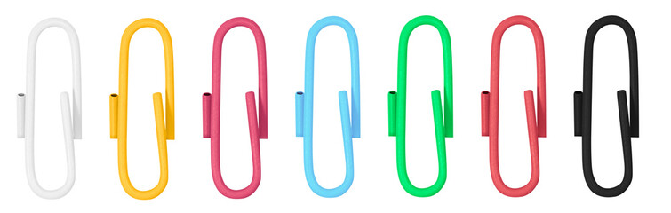 Set of colored paper clips on a blank background.